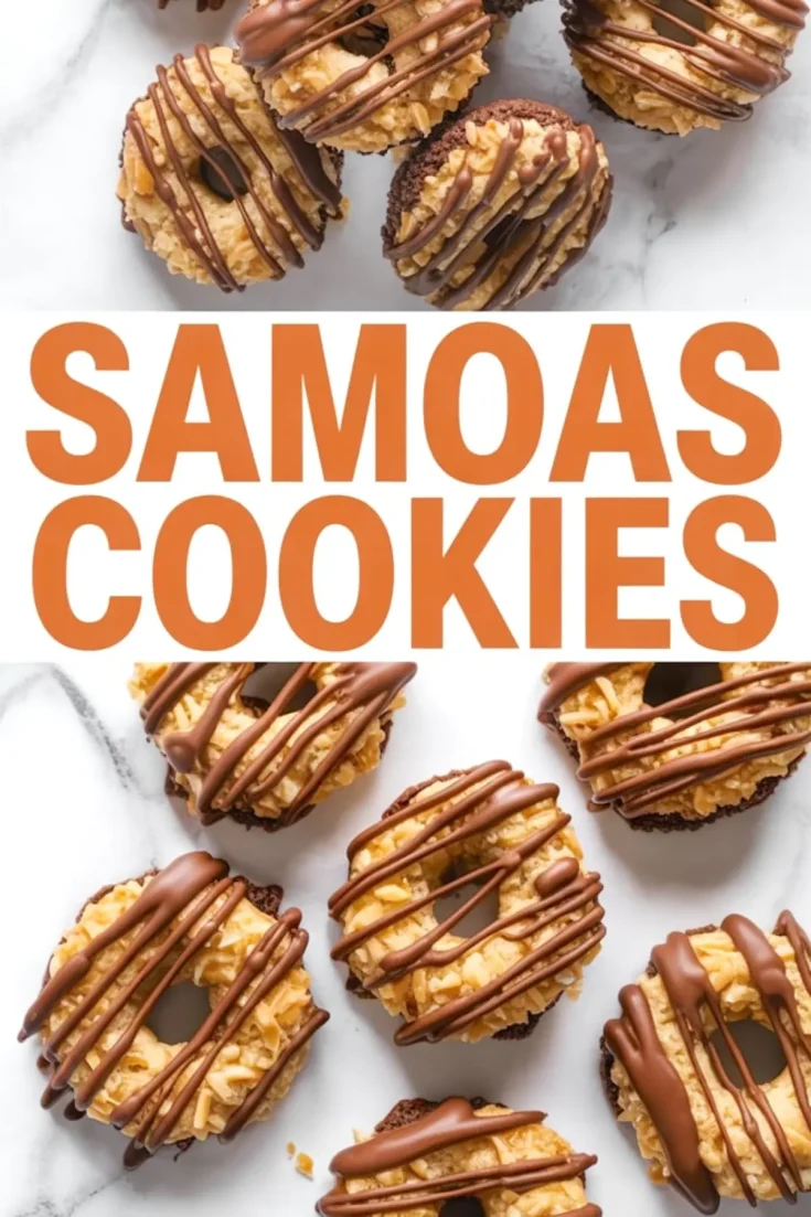 Flat lay collage of Samoas cookies made with a chocolate cookie base, topped with toasted coconut caramel mixture and chocolate drizzle, labeled with bold orange “Samoas Cookies” text in the center.