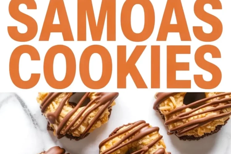 Flat lay collage of Samoas cookies made with a chocolate cookie base, topped with toasted coconut caramel mixture and chocolate drizzle, labeled with bold orange “Samoas Cookies” text in the center.
