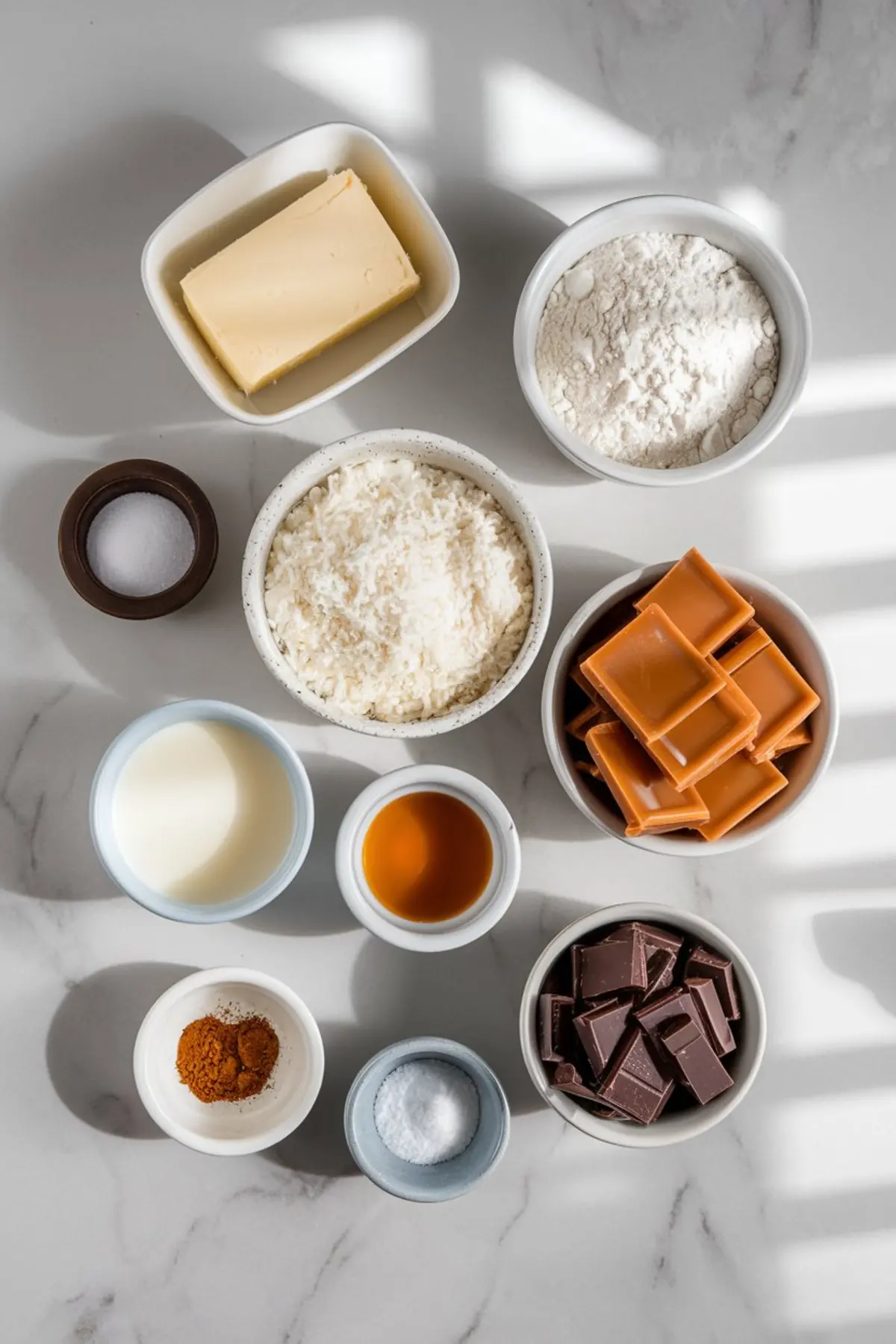 Top-down view of individual baking ingredients in bowls for making Samoas cookies, including flour, shredded coconut, butter, caramel squares, chocolate, milk, vanilla extract, sugar, salt, and spices on a marble background.
