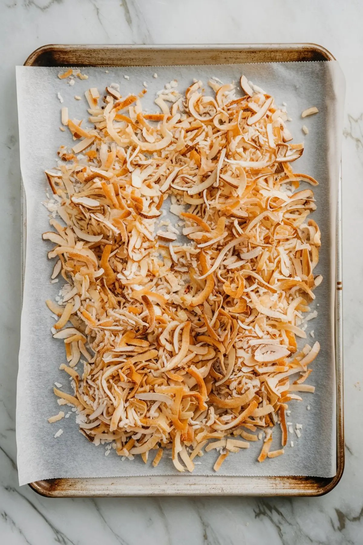 Toasted shredded coconut spread on a parchment-lined baking sheet, showing an even golden-brown color ideal for topping Samoas cookies.