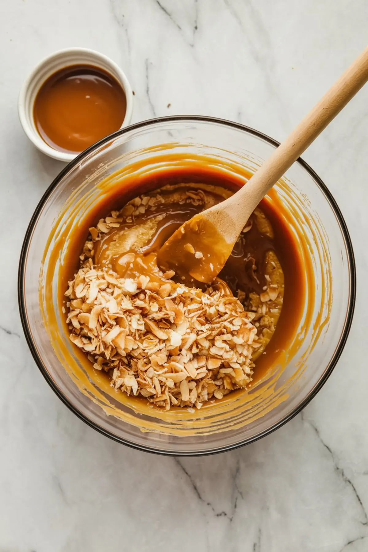Caramel and toasted coconut being stirred together in a glass mixing bowl with a wooden spoon, showing the sticky texture and rich color of the filling for Samoas cookies.