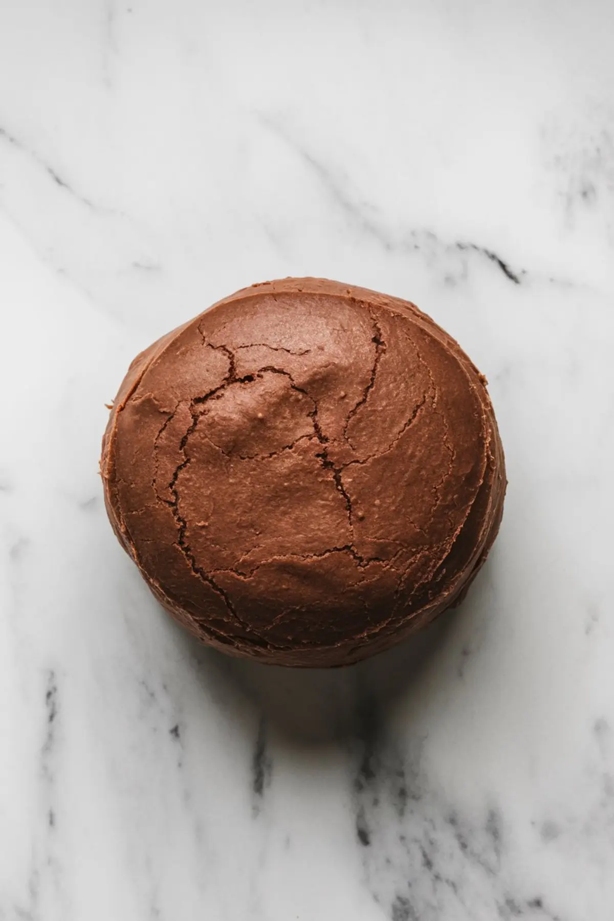 Ball of chocolate cookie dough resting on a marble surface, smooth and evenly shaped, ready to be rolled and cut for the cookie base layer.