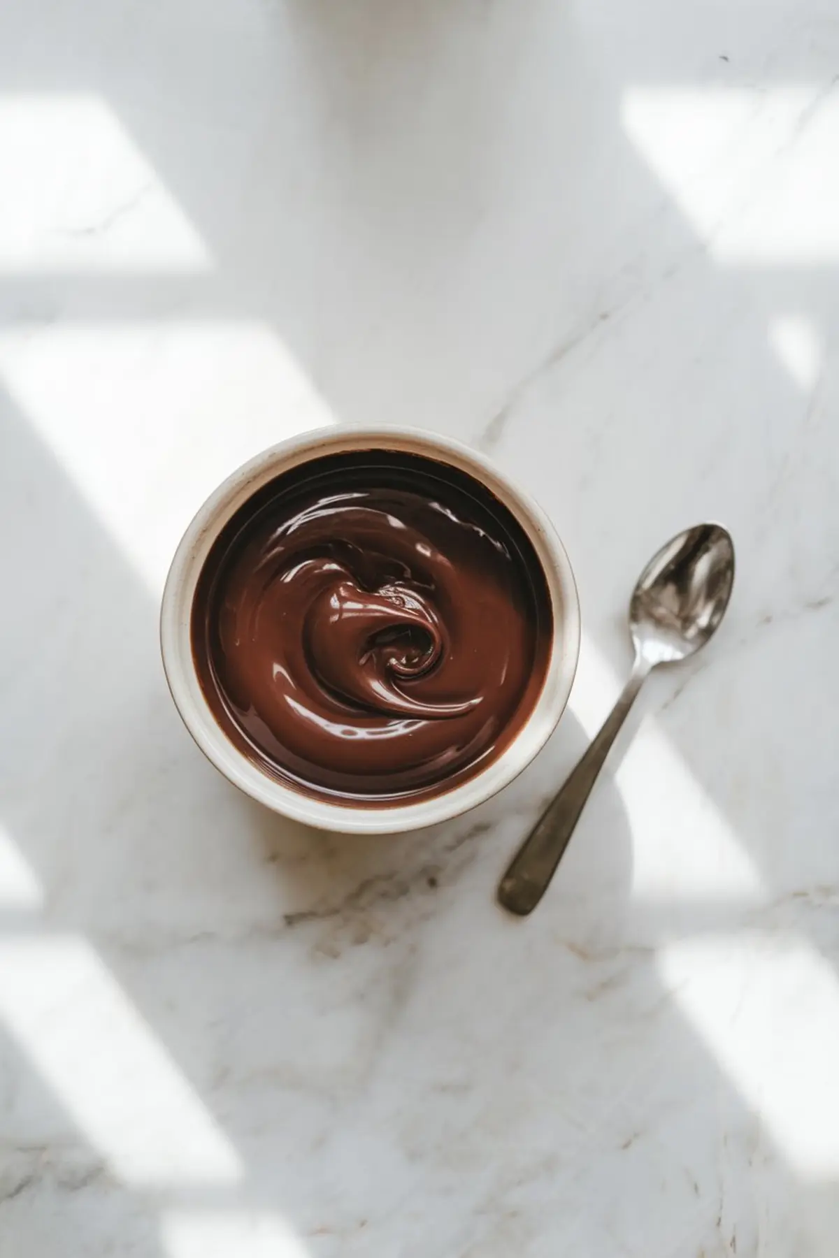 Close-up of a bowl filled with melted chocolate with a glossy swirl, placed beside a spoon on a marble surface, used for dipping and drizzling Samoas cookies.
