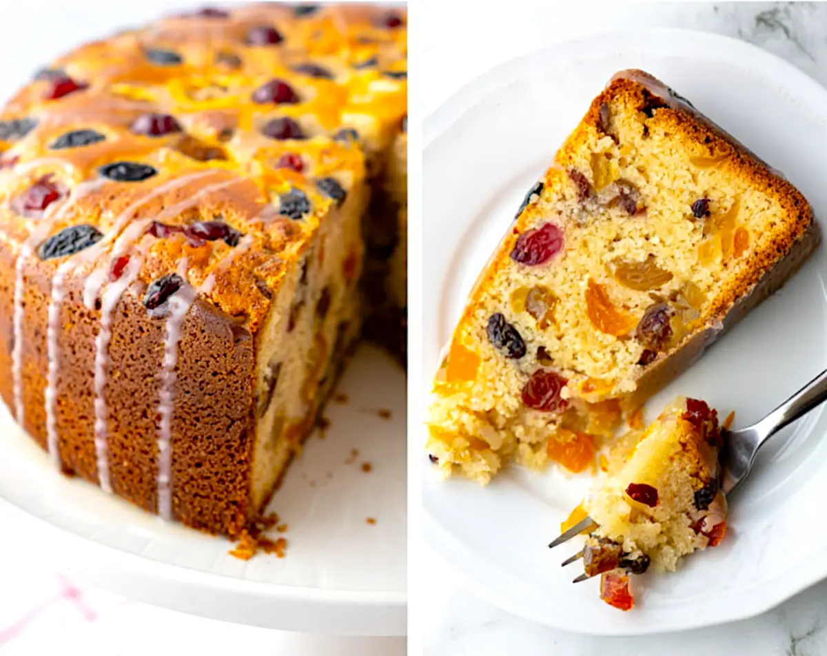 Close-up collage of a simple fruit cake with a slice cut out showing the moist interior filled with cherries, raisins, and apricots. A plated slice highlights the dense, fruity texture. Great inspiration for fruit cake designs, fruity cakes, and fruit birthday cake.