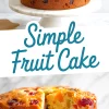 Simple fruit cake placed on a marble cake stand, with visible dried fruits like cherries, raisins, and apricots baked into the golden brown crust. An excellent example for fruit cake ideas, birthday fruit cake, and cake decorated with fruit.