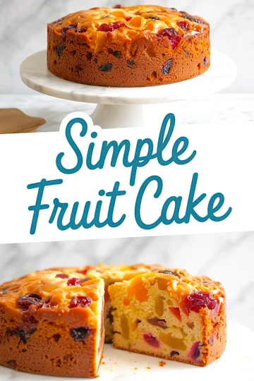 Simple fruit cake placed on a marble cake stand, with visible dried fruits like cherries, raisins, and apricots baked into the golden brown crust. An excellent example for fruit cake ideas, birthday fruit cake, and cake decorated with fruit.
