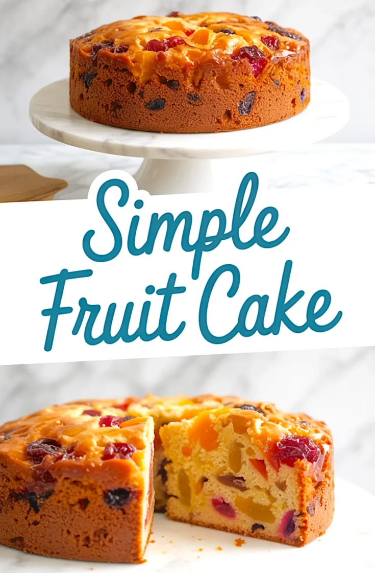Simple fruit cake placed on a marble cake stand, with visible dried fruits like cherries, raisins, and apricots baked into the golden brown crust. An excellent example for fruit cake ideas, birthday fruit cake, and cake decorated with fruit.