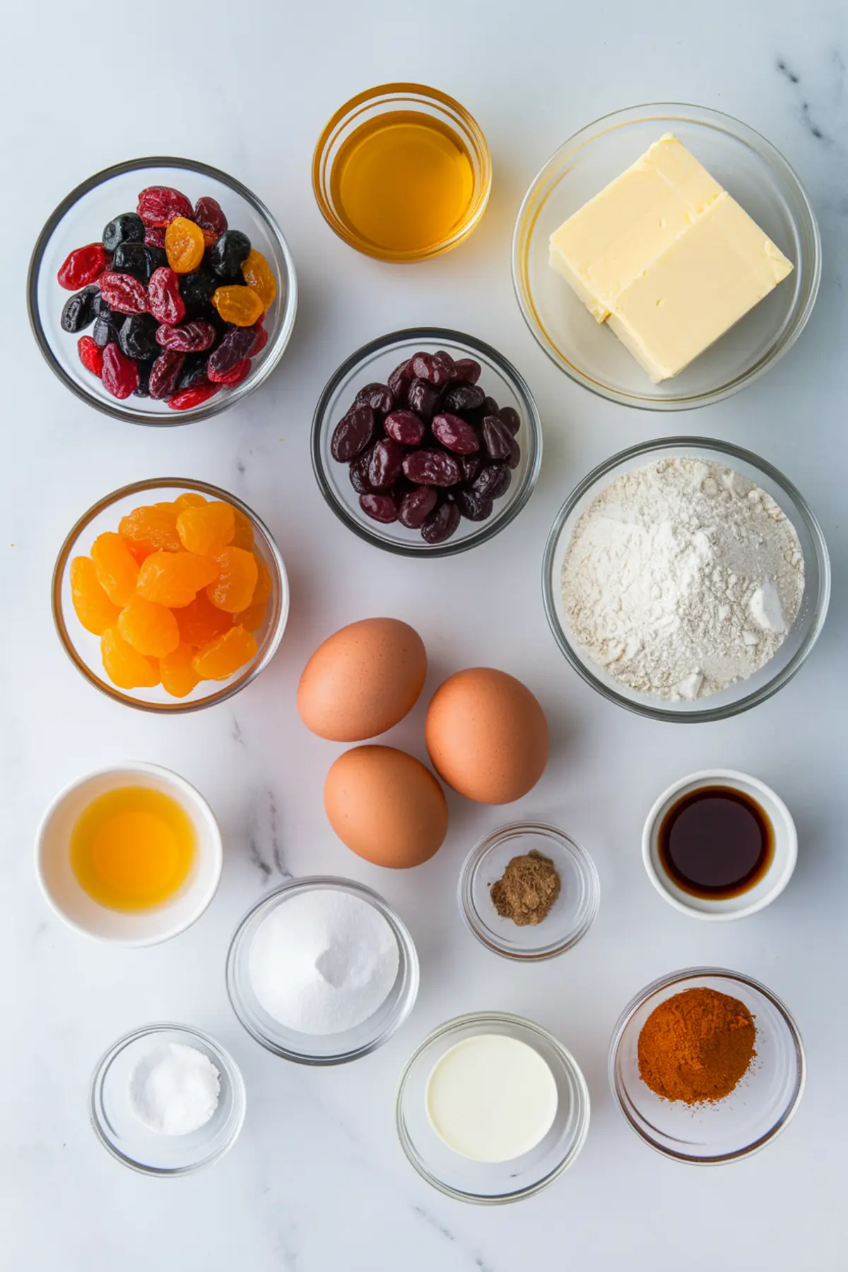Flat lay of fruit cake ingredients arranged in glass bowls, including dried fruits, butter, flour, eggs, sugar, baking powder, vanilla extract, and spices. Useful visual guide for anyone seeking fruit cake ideas and simple fruit cake recipes.