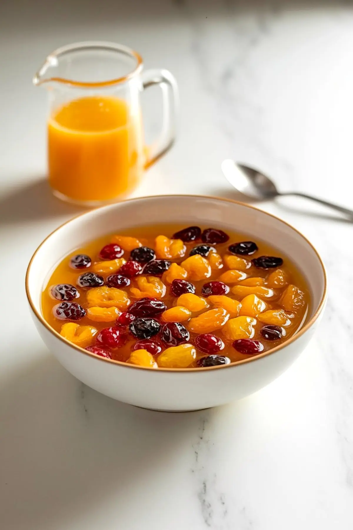 Bowl of soaked dried fruits including golden apricots, dark raisins, and red cherries in syrup, with a glass pitcher of fruit juice in the background. Essential preparation step for fruity cakes and cake made of fruit.
