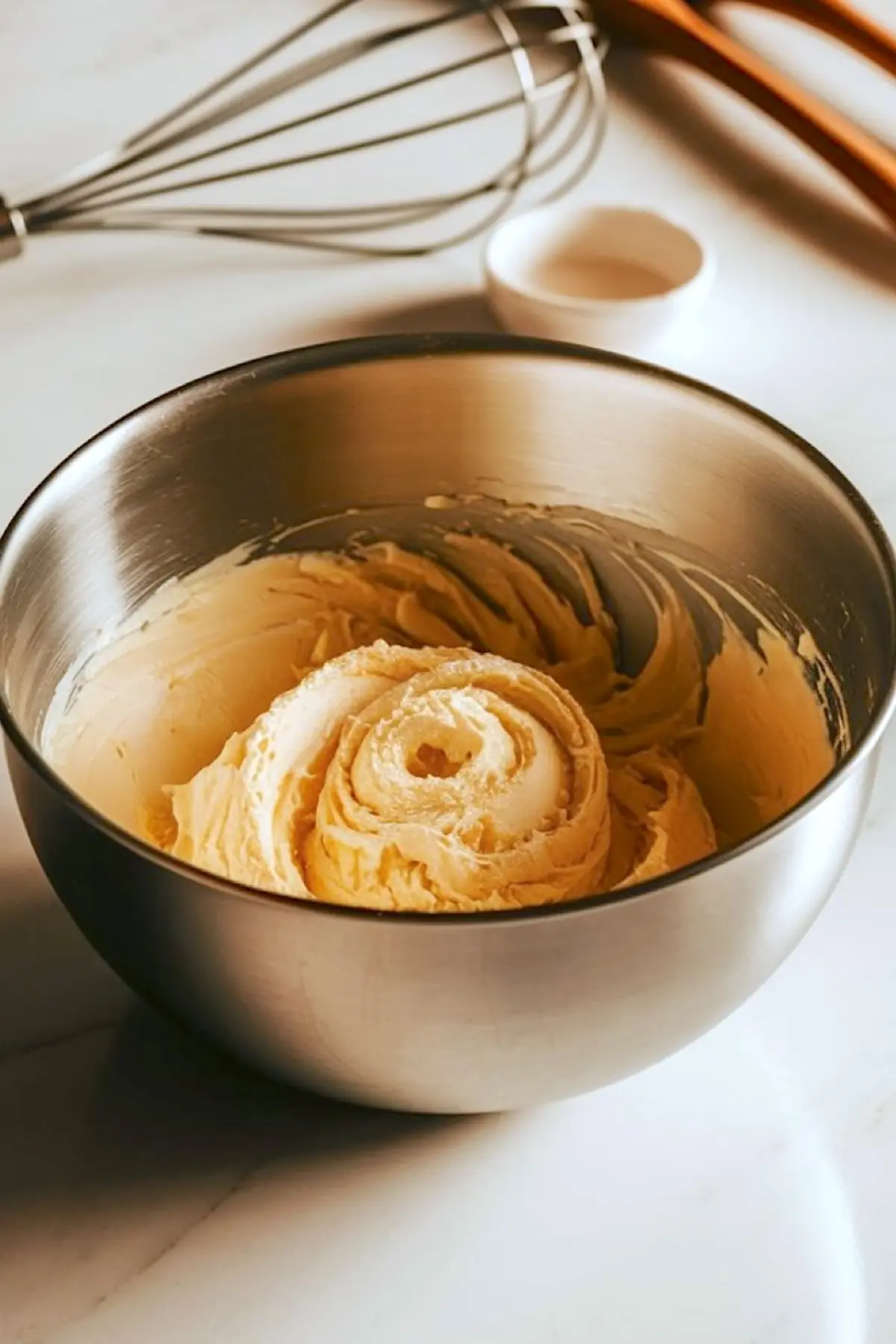 Metal mixing bowl filled with creamed butter and sugar mixture, ready for the addition of eggs and other ingredients. Key preparation step for making simple fruit cake and fruity cakes.
