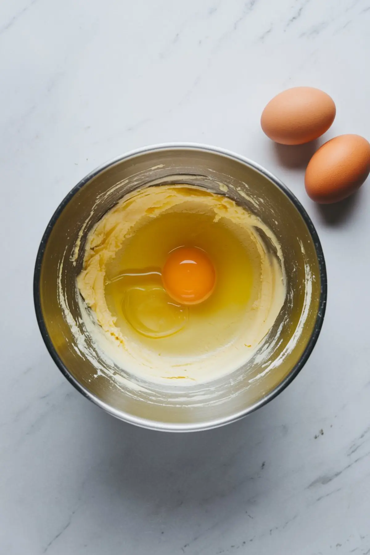 Egg added to creamed butter mixture in a metal bowl, with two more eggs resting beside the bowl. This step is crucial in preparing batter for apple cake, birthday fruit cake, and fruit cake designs.