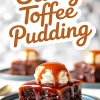 Close-up of sticky toffee pudding served on a blue plate, topped with vanilla ice cream and rich caramel sauce dripping down the sides, with “Sticky Toffee Pudding” text in bold brown lettering.