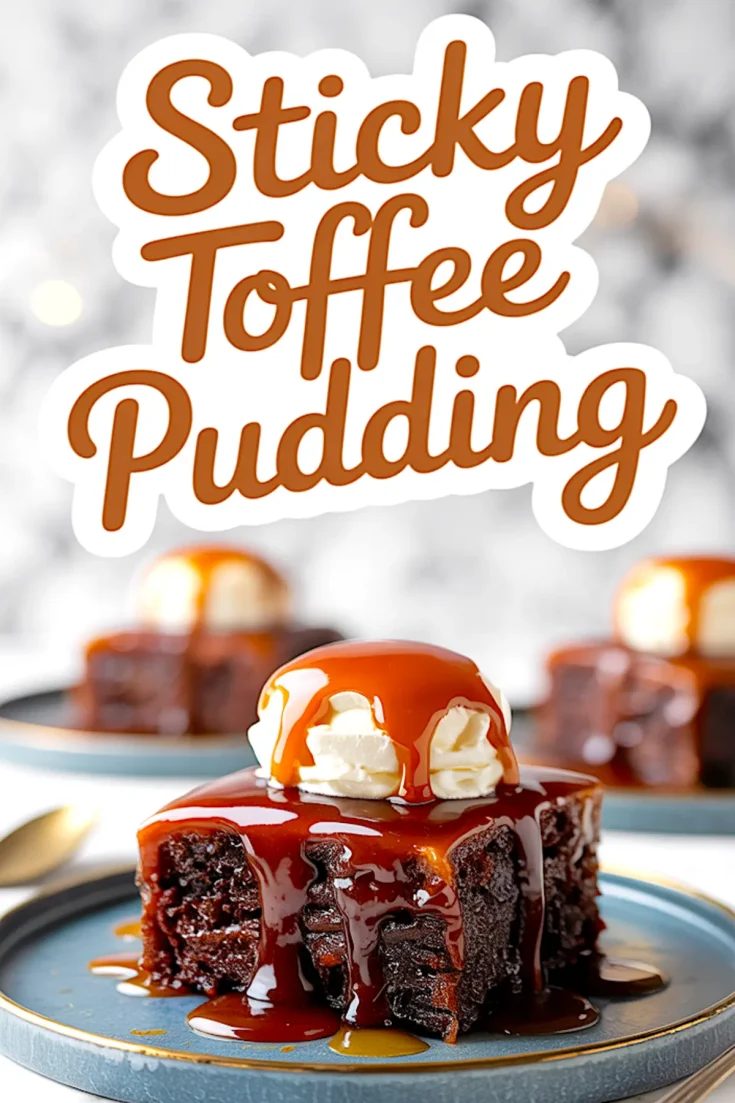 Close-up of sticky toffee pudding served on a blue plate, topped with vanilla ice cream and rich caramel sauce dripping down the sides, with “Sticky Toffee Pudding” text in bold brown lettering.