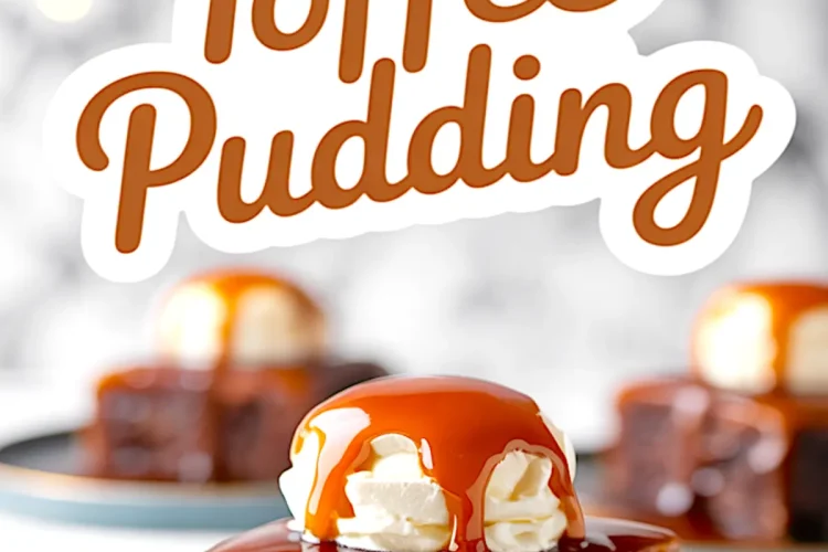 Close-up of sticky toffee pudding served on a blue plate, topped with vanilla ice cream and rich caramel sauce dripping down the sides, with “Sticky Toffee Pudding” text in bold brown lettering.