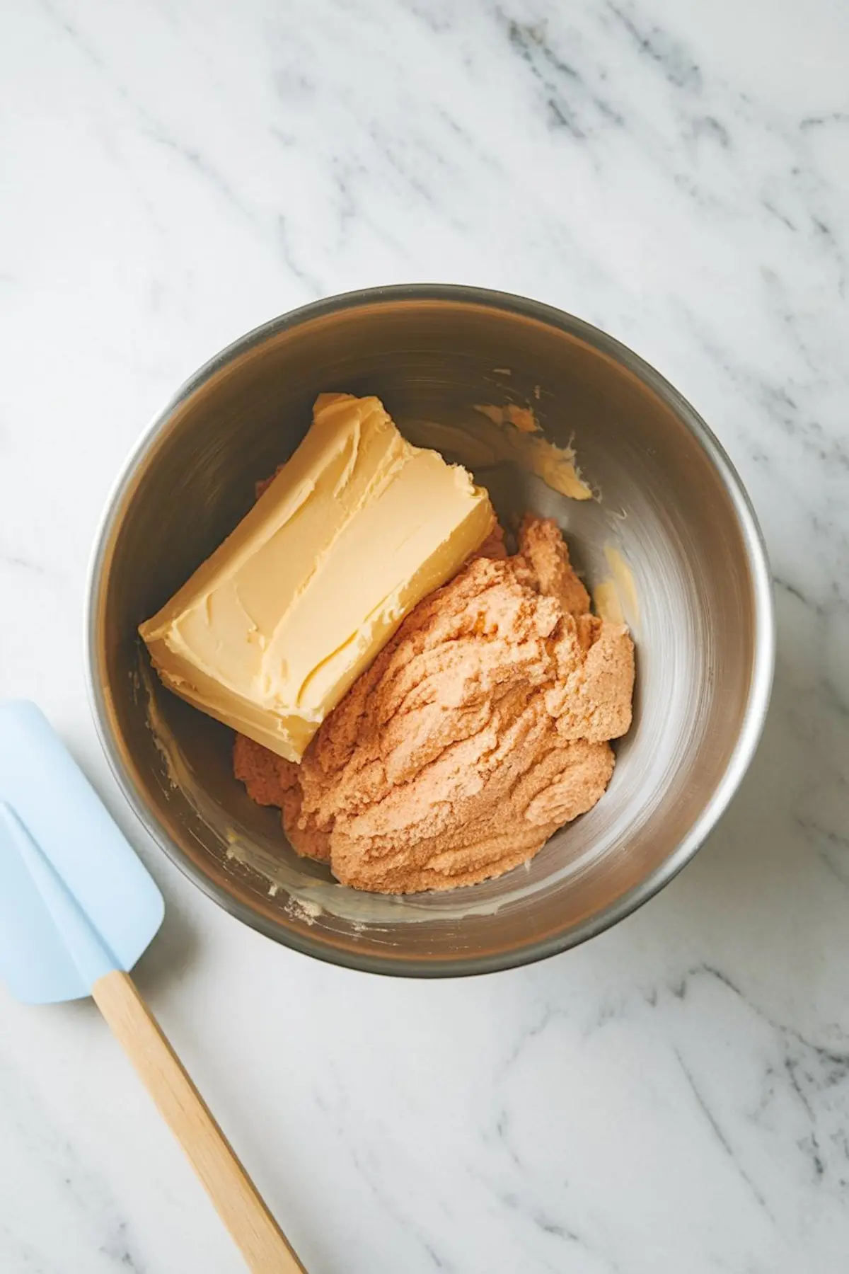 A stainless steel mixing bowl on a marble surface filled with brown sugar and a large block of butter, ready for creaming together as part of a sticky toffee pudding recipe.
