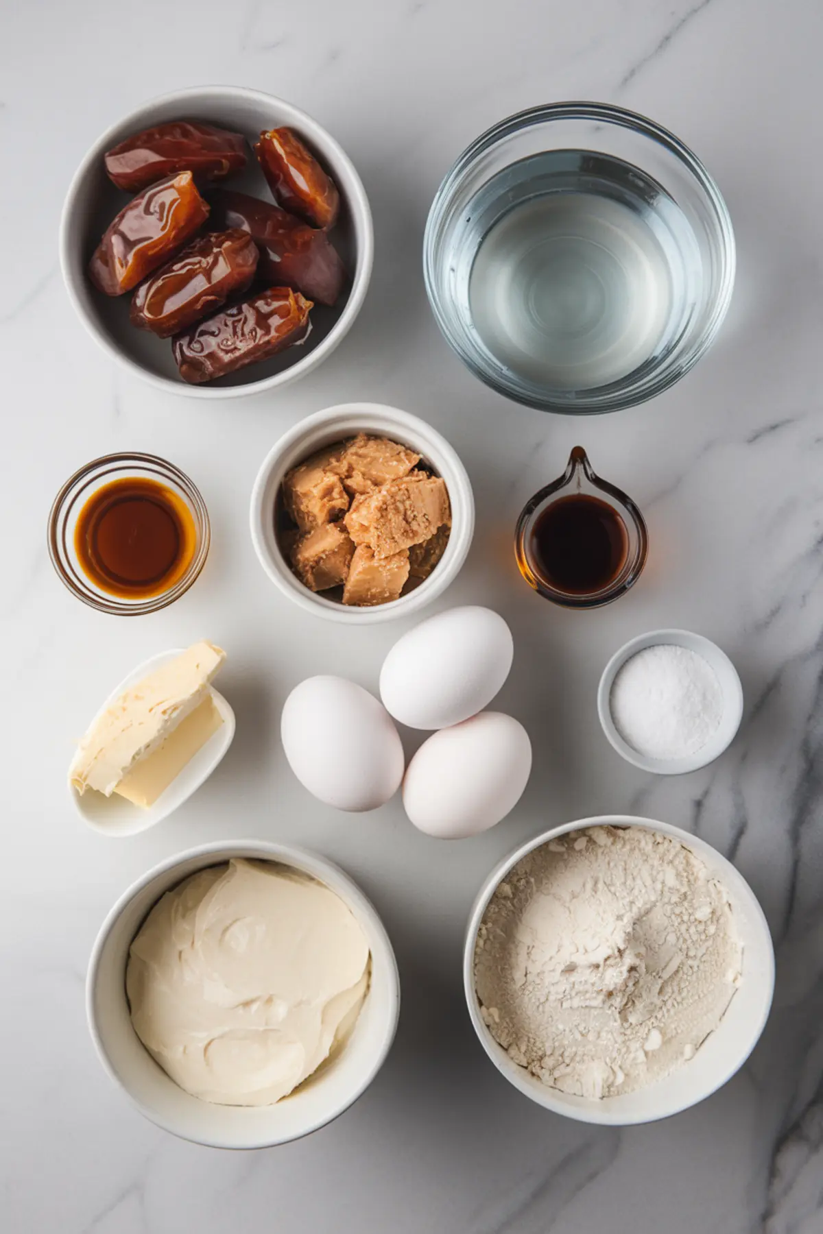 An overhead view of sticky toffee pudding ingredients on a marble counter, including pitted dates, peanut butter, eggs, flour, butter, cream, baking soda, vanilla extract, and water.
