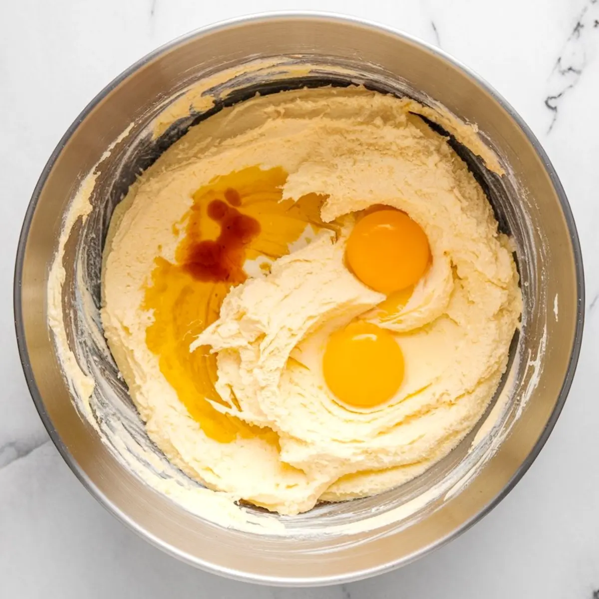 A mixing bowl containing creamed butter and sugar mixture with two raw eggs and vanilla extract added, ready to be blended into the sticky toffee pudding batter.
