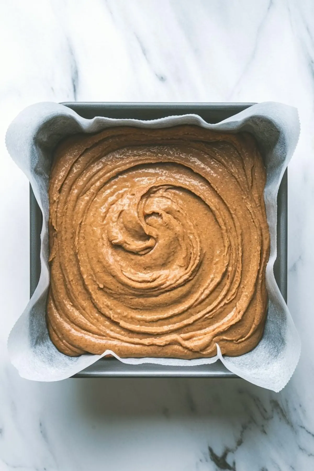 A square baking pan lined with parchment paper filled with smooth sticky toffee pudding batter, swirled on top and ready to be baked.
