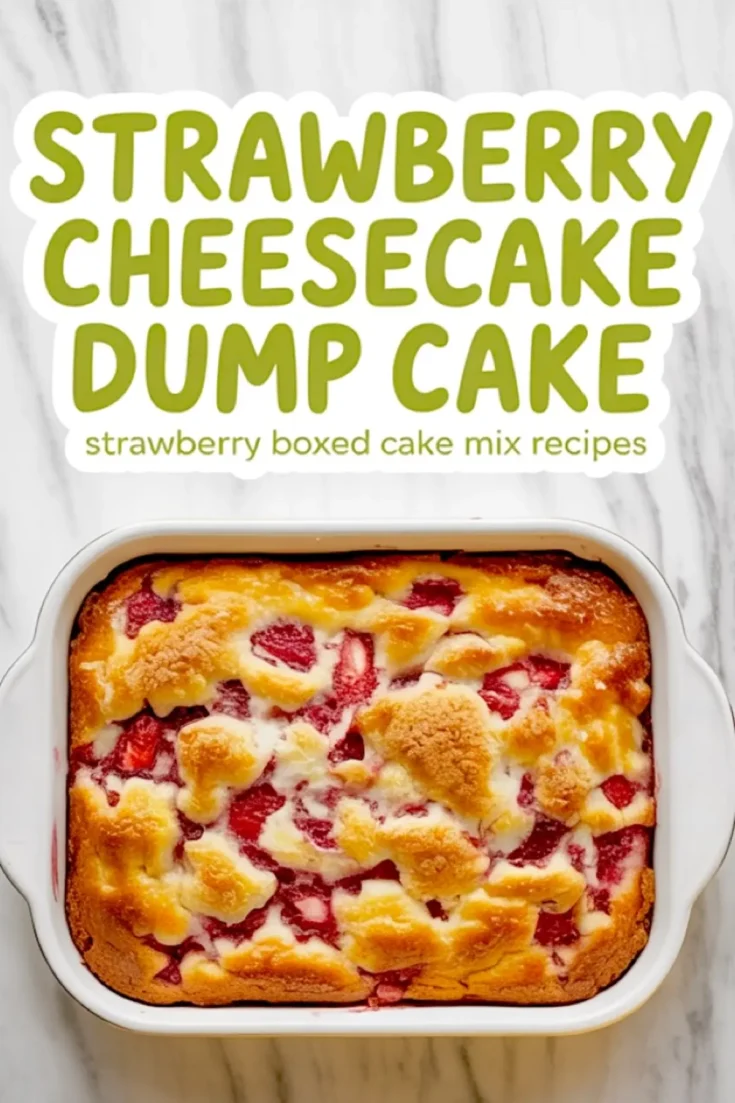 Freshly baked strawberry cheesecake dump cake in a white ceramic baking dish. The golden-brown top features melted cheesecake swirls and sliced strawberries, creating a vibrant and rustic dessert presentation.