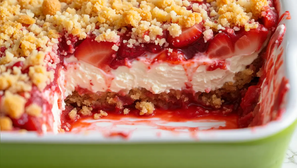Close-up cross-section of strawberry cheesecake dump cake revealing layers of graham cracker crust, creamy cheesecake filling, sliced strawberries, and thick strawberry sauce topped with a golden crumble.
