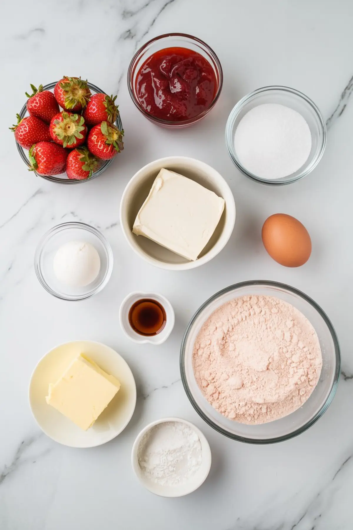 Flat lay of ingredients for strawberry cheesecake dump cake on a marble surface, including fresh strawberries, strawberry jam, sugar, cream cheese, egg, butter, vanilla extract, baking powder, and strawberry cake mix.
