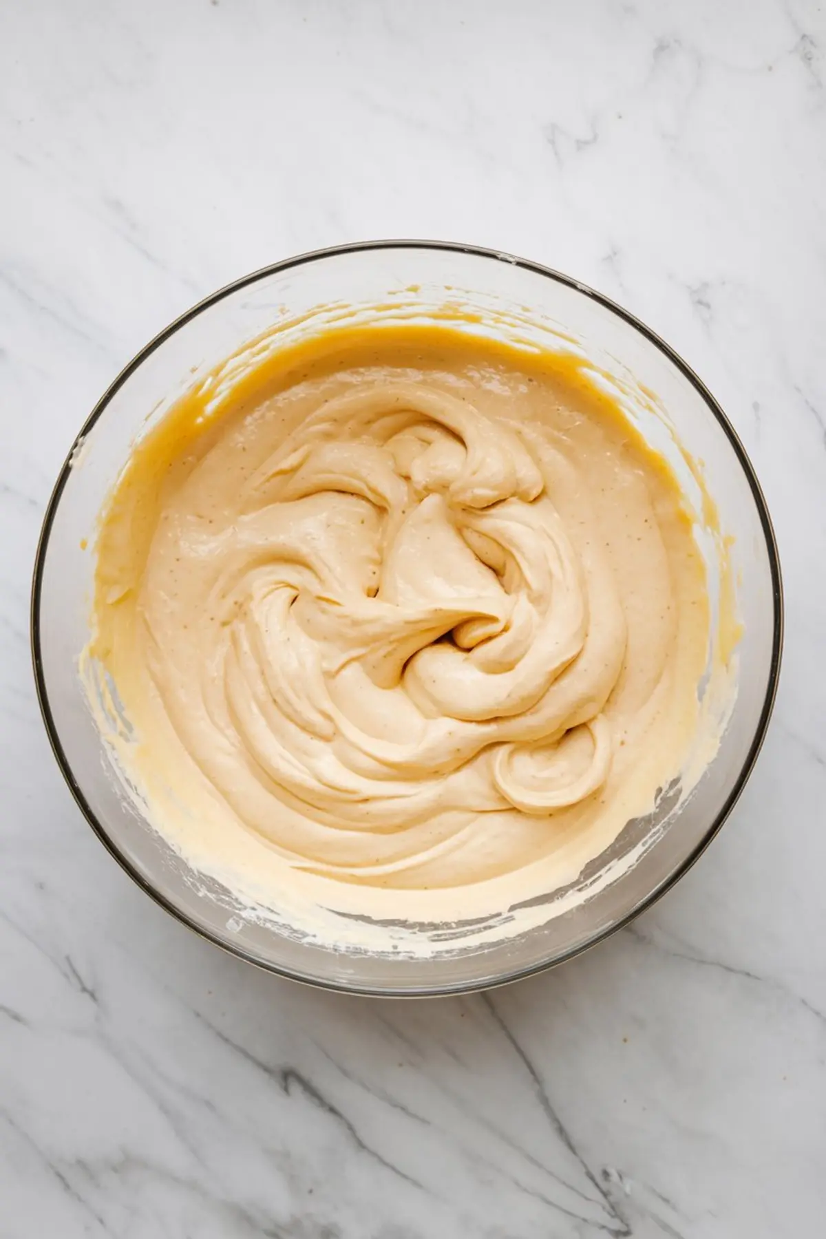 Mixing bowl filled with smooth, creamy cheesecake batter ready for the strawberry cheesecake dump cake, showing the velvety texture of the prepared filling.

