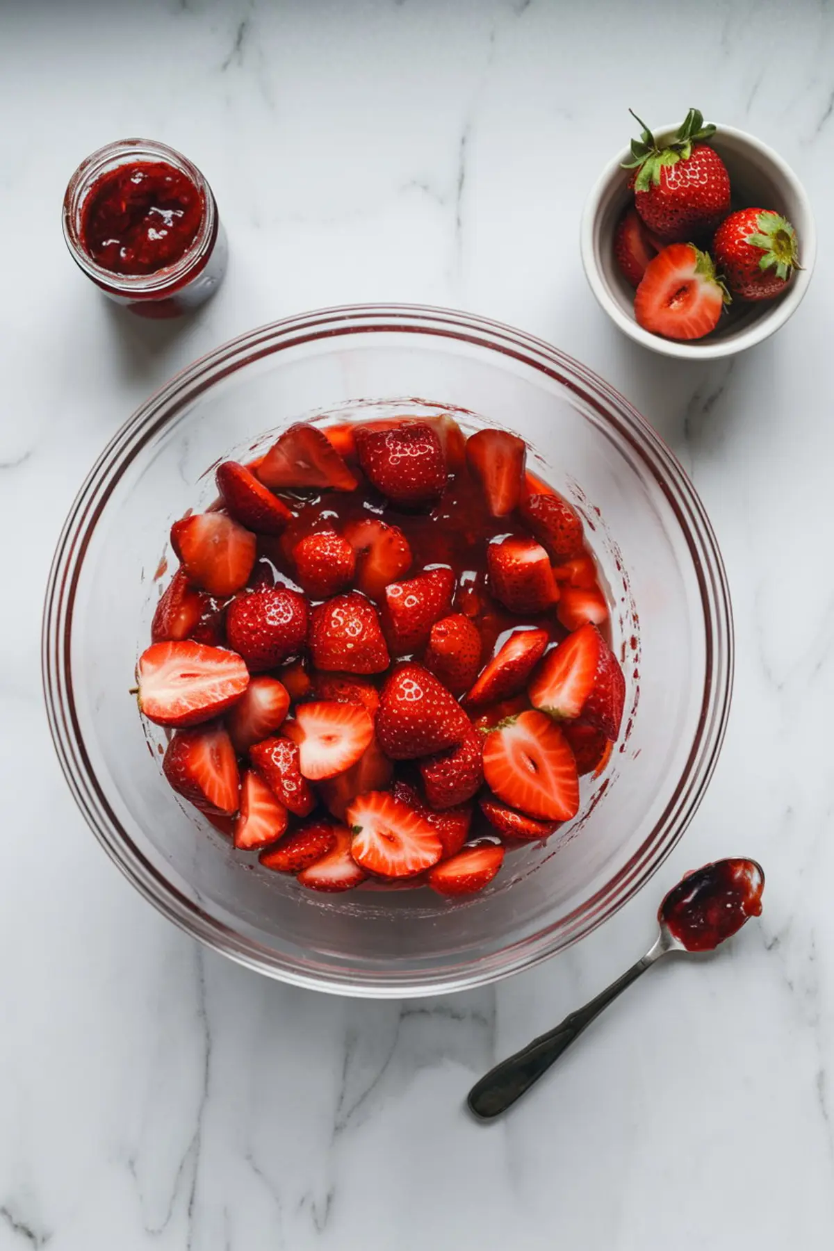 Bowl of halved and whole fresh strawberries mixed with strawberry glaze for the strawberry cheesecake dump cake filling, accompanied by a jar of jam and extra fresh strawberries on the side.

