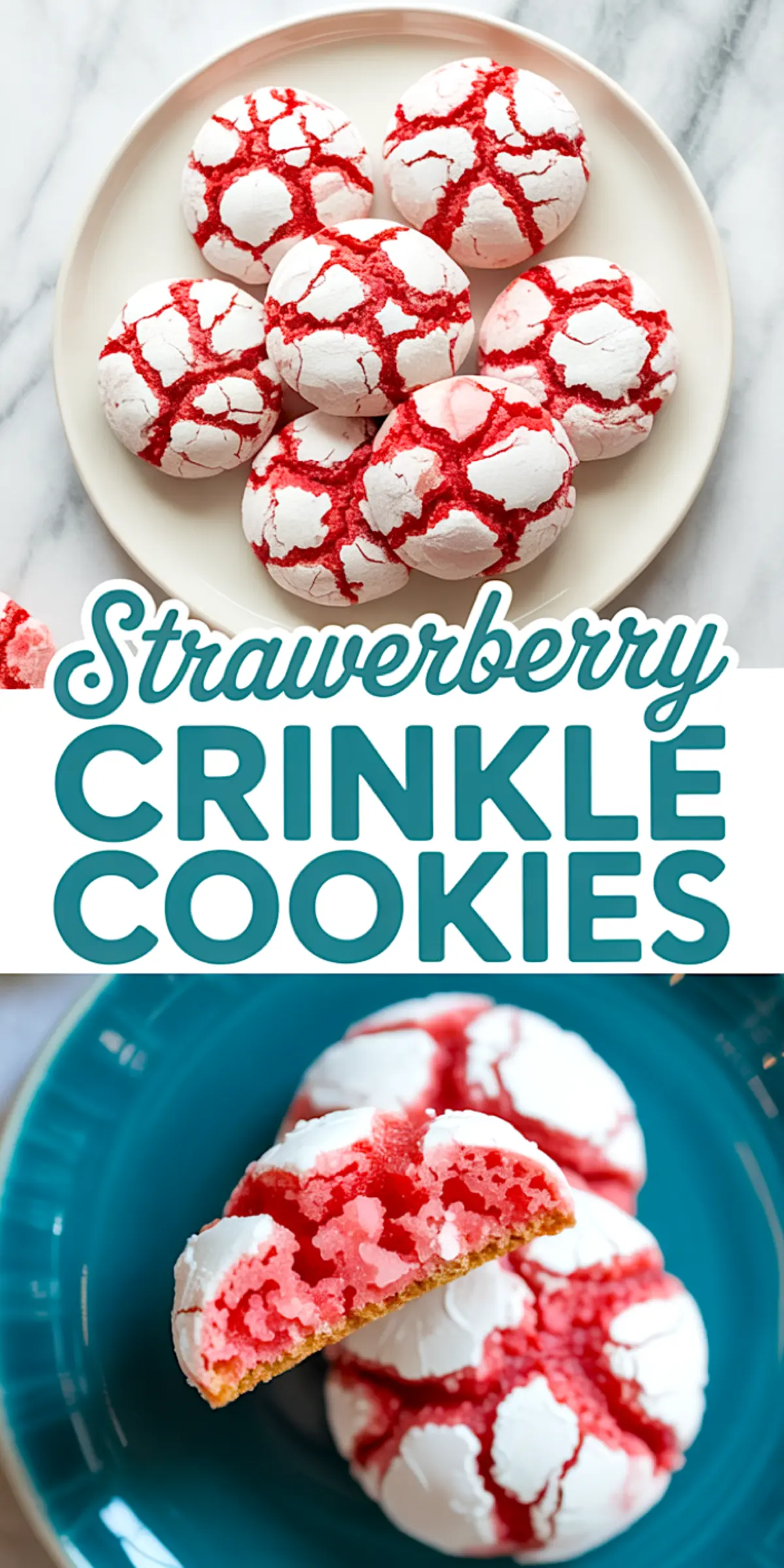 Collage image of vibrant strawberry crinkle cookies with dramatic red cracks over white powdered sugar, including a broken cookie on a blue plate revealing the moist, fluffy center, labeled “Strawberry Crinkle Cookies.”