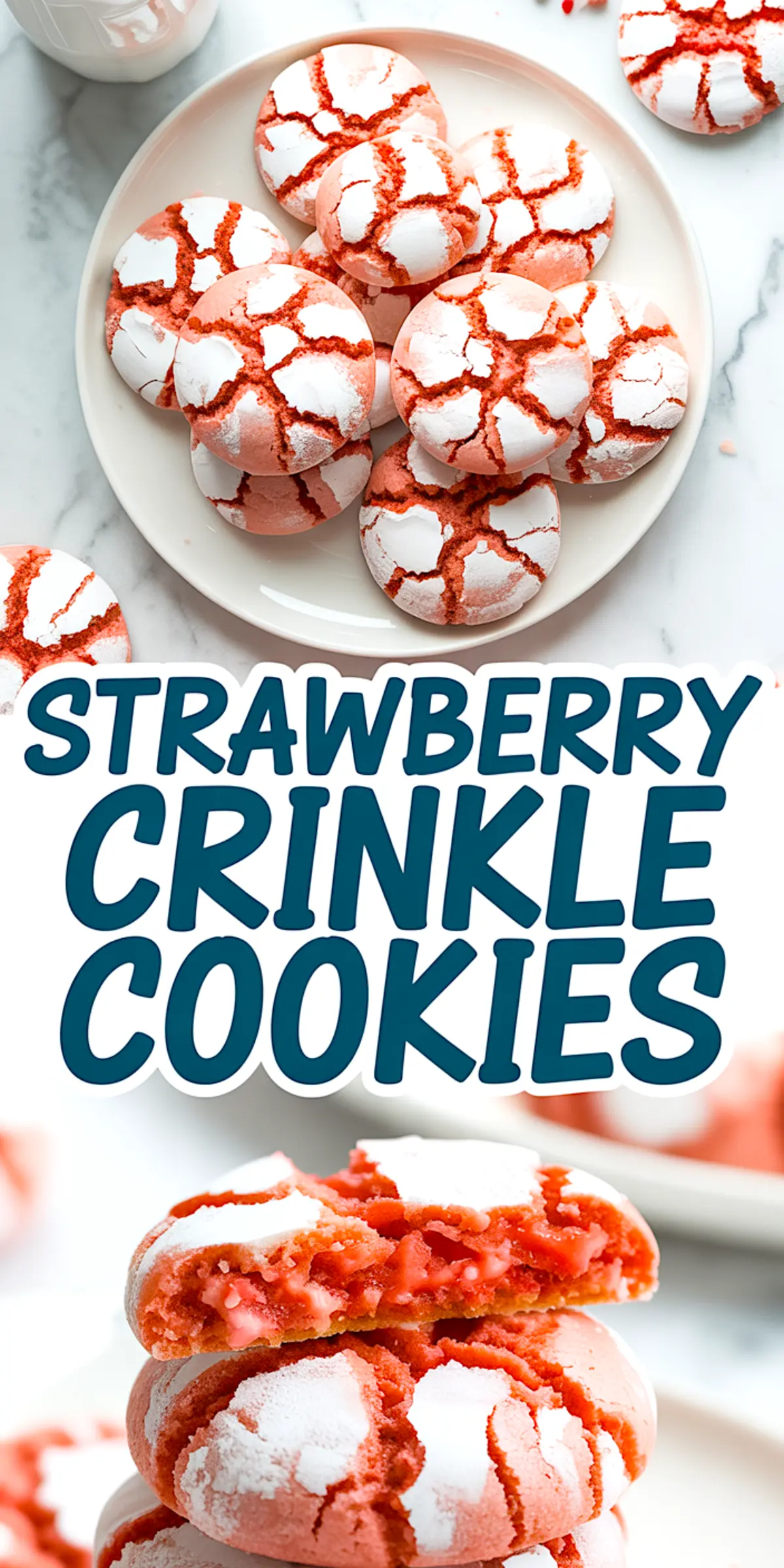 Collage image showing a plate of baked strawberry crinkle cookies with powdered sugar tops, along with a close-up of one broken in half to show the soft interior, with the text “Strawberry Crinkle Cookies” in bold font.