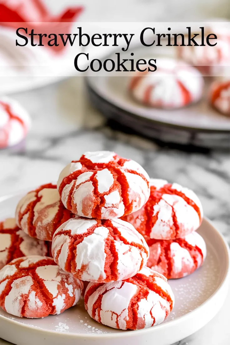 A plate of strawberry crinkle cookies stacked in a pyramid, featuring vibrant red cracks and a white powdered sugar coating, set on a marble surface with additional cookies blurred in the background.
