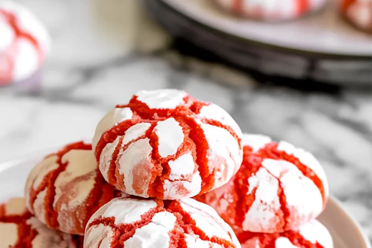 A plate of strawberry crinkle cookies stacked in a pyramid, featuring vibrant red cracks and a white powdered sugar coating, set on a marble surface with additional cookies blurred in the background.