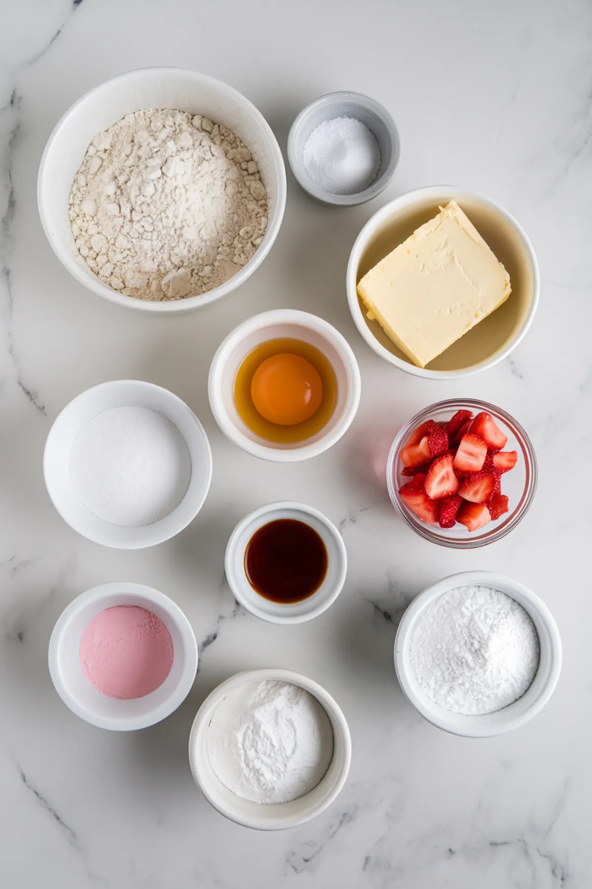 Overhead view of individual baking ingredients for strawberry crinkle cookies arranged in small bowls on a white marble surface, including flour, sugar, egg, vanilla extract, butter, and chopped strawberries.