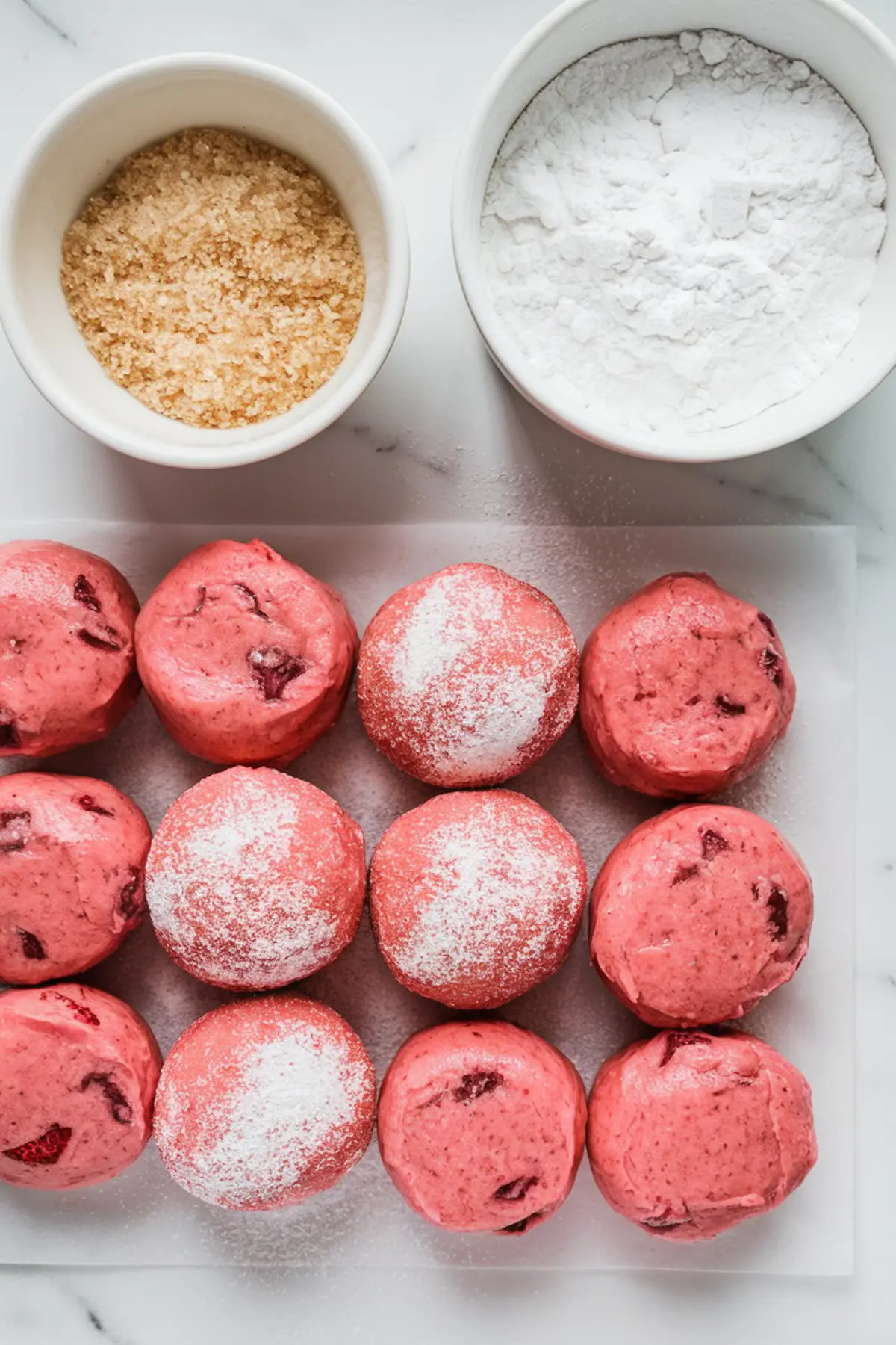 Rows of pink strawberry cookie dough balls, dusted with powdered sugar, placed on parchment paper next to small bowls of brown sugar and powdered sugar.