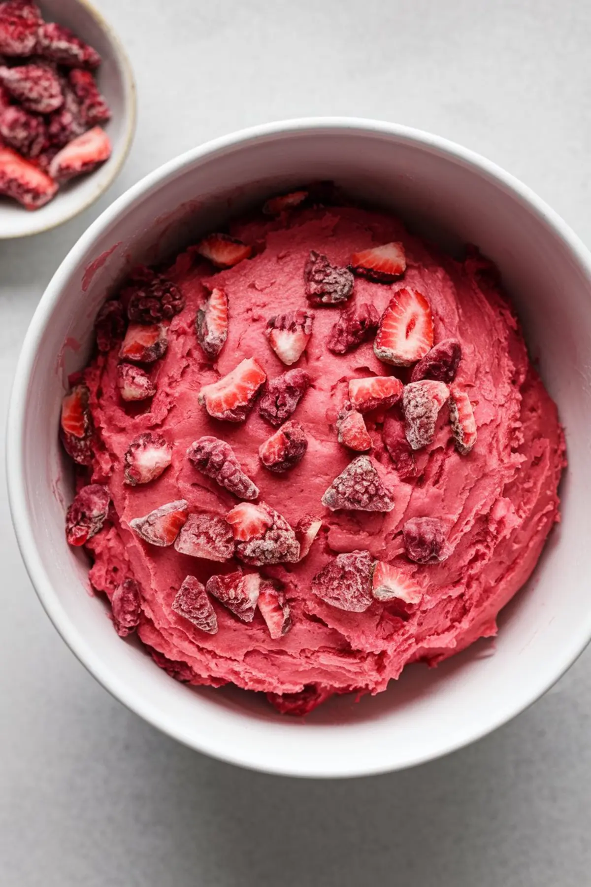 A white bowl filled with bright pink strawberry cookie dough, topped with chopped frozen strawberries and raspberries.