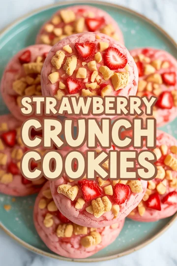 Plate of pink strawberry crunch cookies topped with chopped strawberries and golden cookie crumbles, arranged in a stack on a turquoise plate.