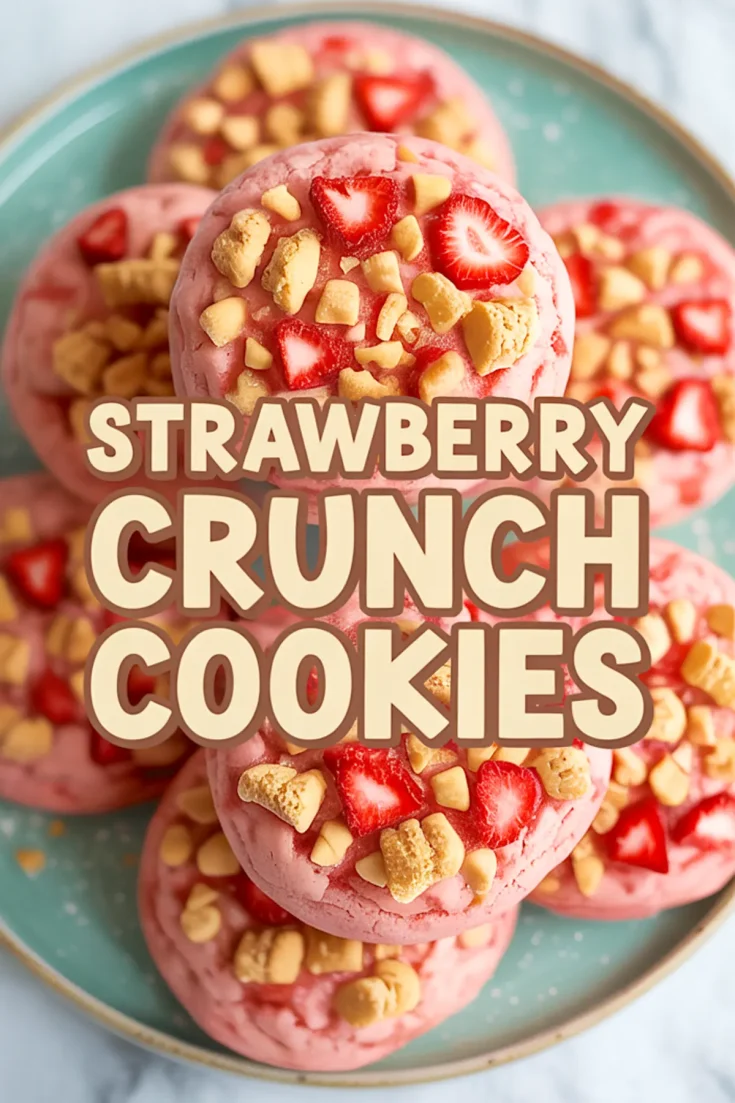 Plate of pink strawberry crunch cookies topped with chopped strawberries and golden cookie crumbles, arranged in a stack on a turquoise plate.