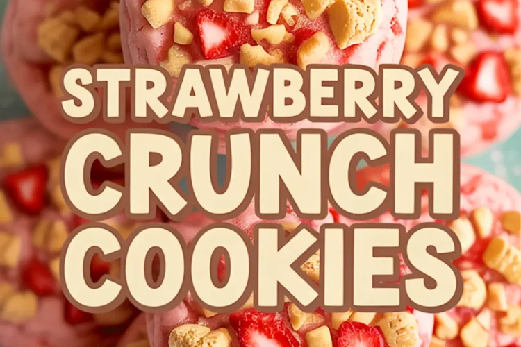 Plate of pink strawberry crunch cookies topped with chopped strawberries and golden cookie crumbles, arranged in a stack on a turquoise plate.