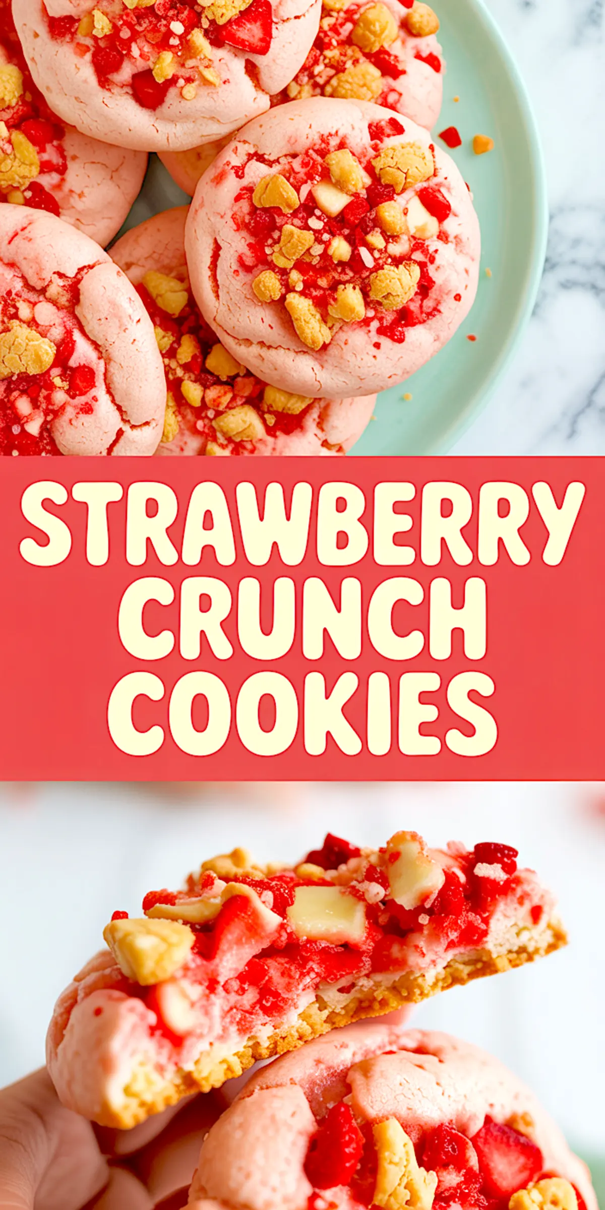 Top view of strawberry crunch cookies with crushed strawberry and golden cookie topping on a plate; bottom shows a hand holding a bitten cookie exposing a gooey interior with strawberry bits and white chocolate.