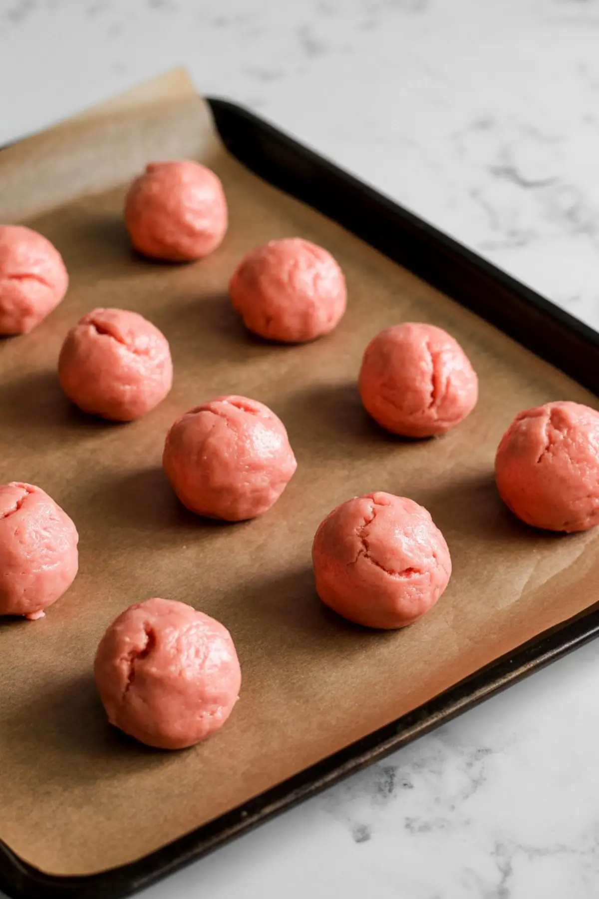 Unbaked pink cookie dough balls arranged on a parchment-lined baking sheet, ready to be baked.