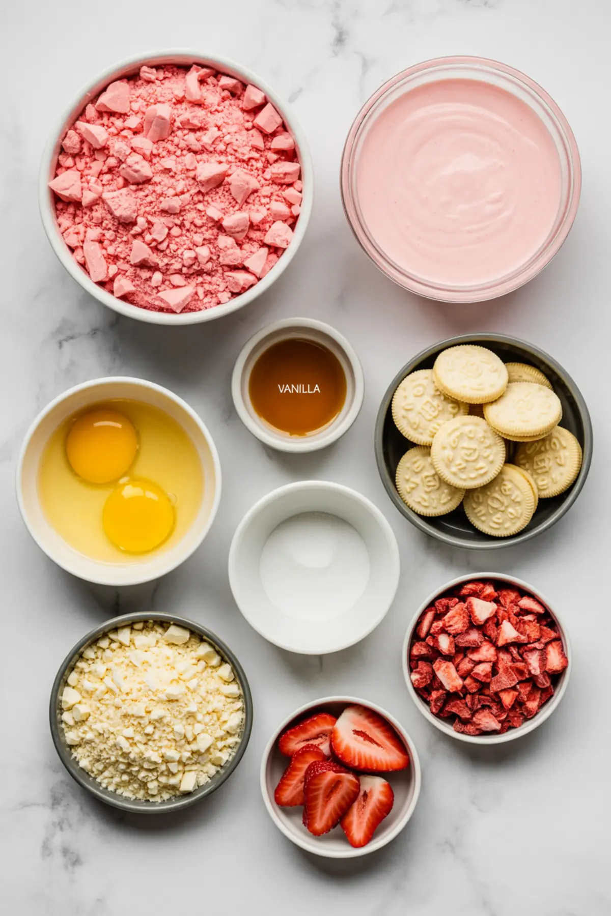 Flat lay of strawberry crunch cookie ingredients including golden sandwich cookies, freeze-dried strawberries, white chocolate, eggs, pink powder, vanilla, and strawberry yogurt in separate bowls.