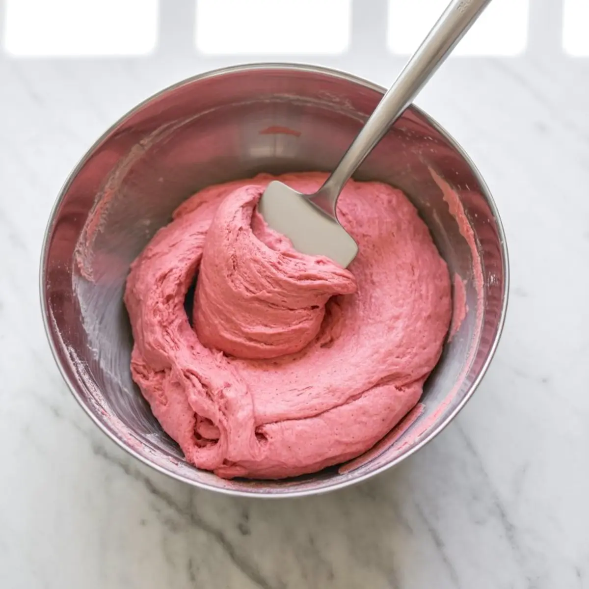 Bright pink cookie dough being stirred in a metal mixing bowl with a rubber spatula on a marble surface.