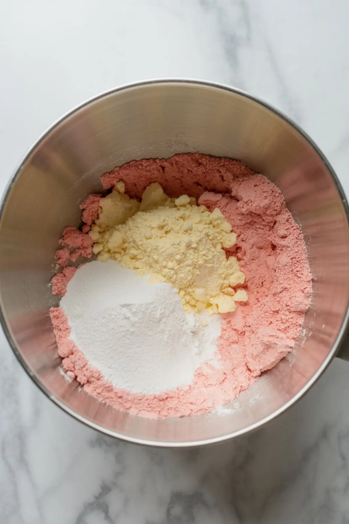 Dry ingredients for strawberry cookies including white chocolate powder, cake mix, and flour in a stainless steel bowl on a marble countertop.