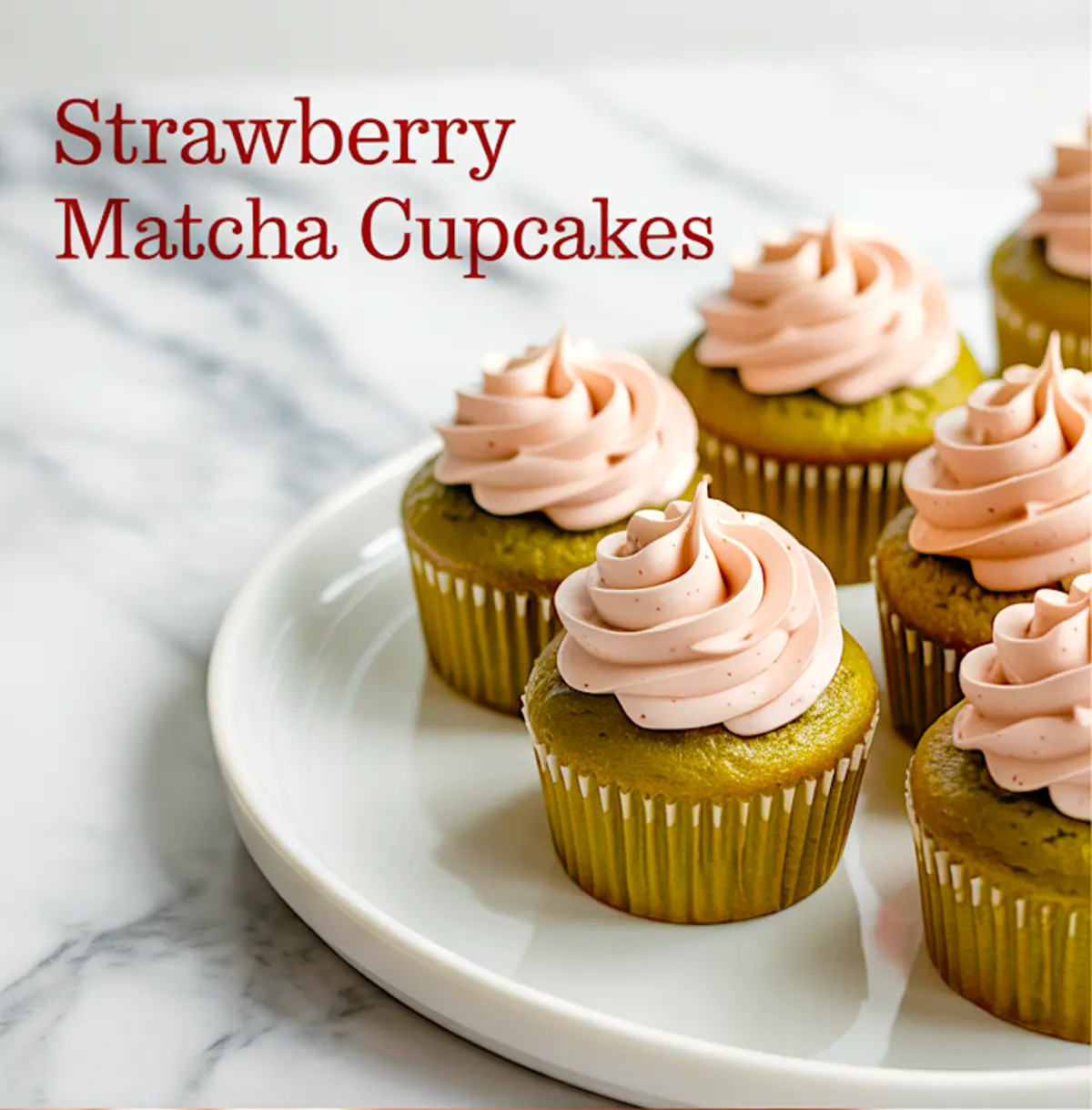 Plate of strawberry matcha cupcakes featuring green matcha cupcakes topped with swirled pink strawberry frosting, displayed on a white plate with text overlay reading “Strawberry Matcha Cupcakes.”