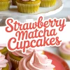 Plate of strawberry matcha cupcakes featuring green matcha cupcakes topped with swirled pink strawberry frosting, displayed on a white plate with text overlay reading “Strawberry Matcha Cupcakes.”