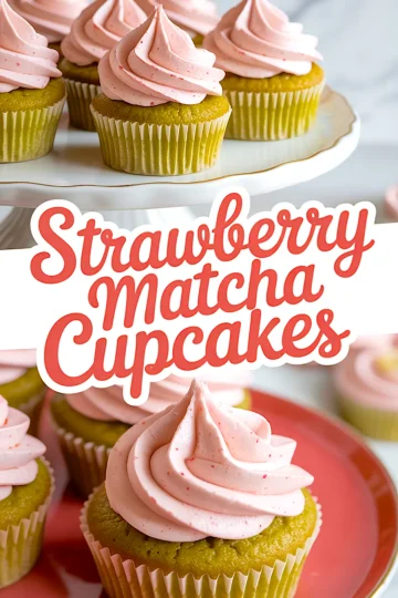 Plate of strawberry matcha cupcakes featuring green matcha cupcakes topped with swirled pink strawberry frosting, displayed on a white plate with text overlay reading “Strawberry Matcha Cupcakes.”