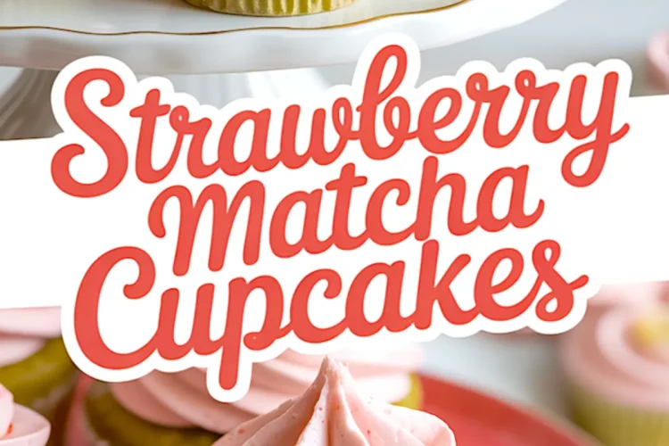 Plate of strawberry matcha cupcakes featuring green matcha cupcakes topped with swirled pink strawberry frosting, displayed on a white plate with text overlay reading “Strawberry Matcha Cupcakes.”
