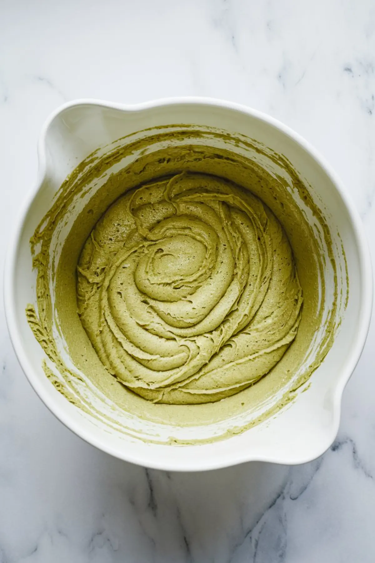A white mixing bowl containing smooth, swirled matcha green tea cake batter, sitting on a white marble countertop, prepared for baking cupcakes.