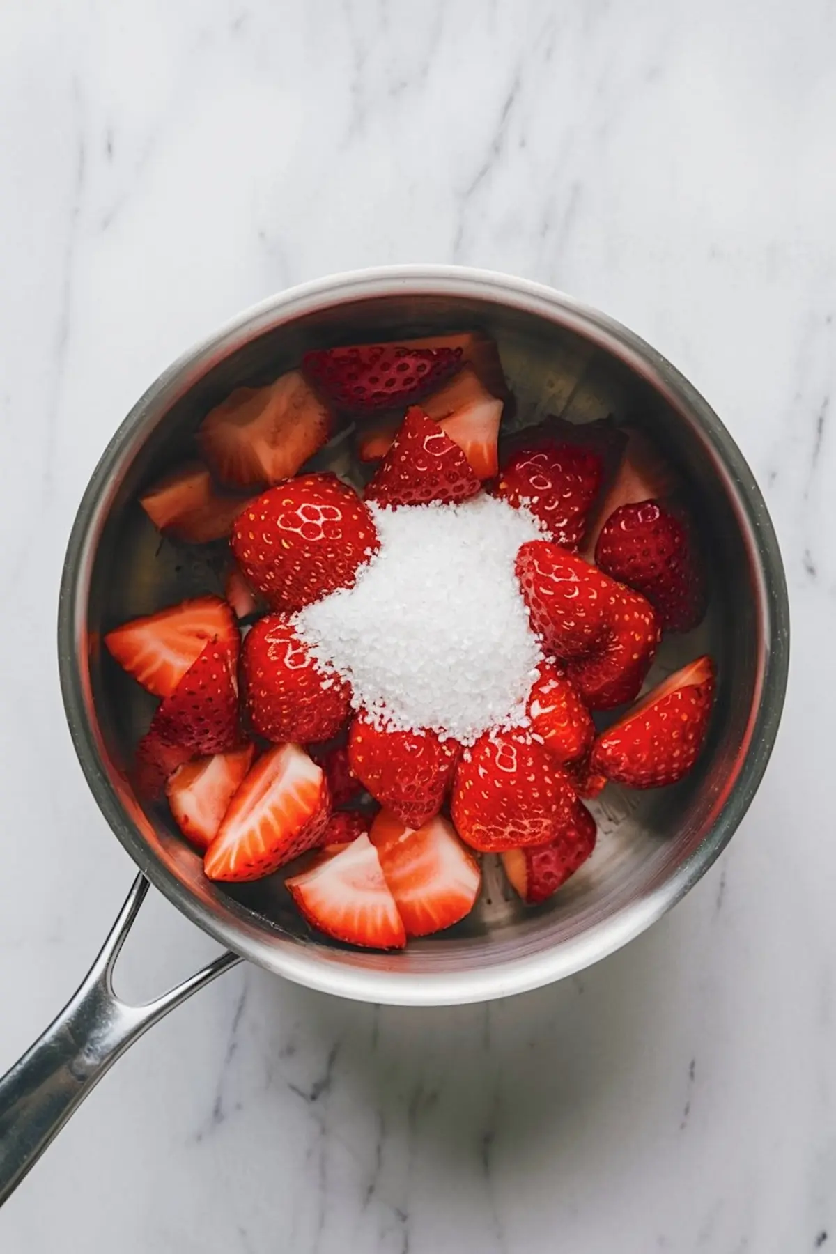 A stainless steel saucepan filled with chopped fresh strawberries and a mound of granulated sugar, placed on a white marble surface, ready for cooking strawberry compote.