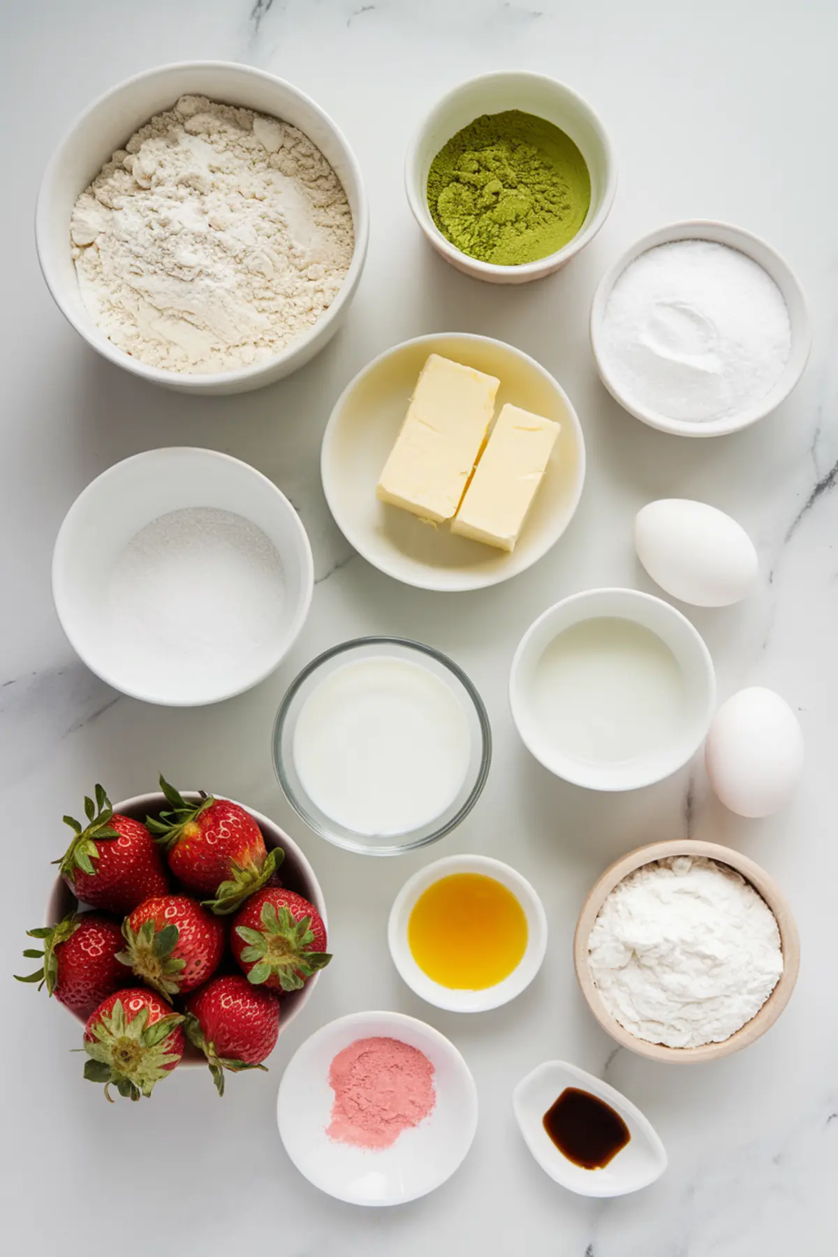 Flat lay of strawberry matcha cupcake ingredients on a marble background, including fresh strawberries, flour, sugar, butter, eggs, milk, matcha powder, vanilla extract, and strawberry powder.