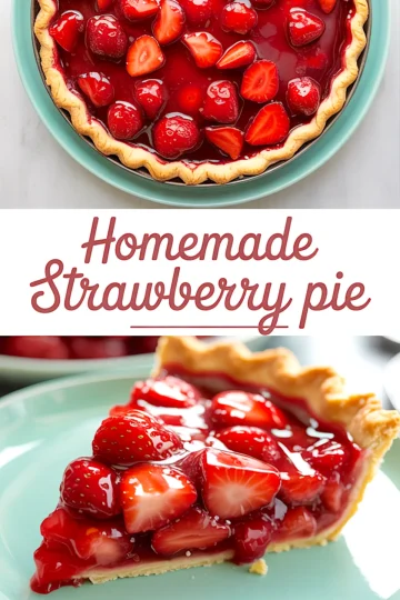 Vertical collage featuring a top view of a glossy strawberry pie in a baked crust on a turquoise plate and a slice of the pie served on a matching plate, with vibrant red strawberries and text overlay reading “Homemade Strawberry Pie.”